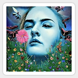 Digital portrait of young  Woman with  flowers and butterflies Sticker